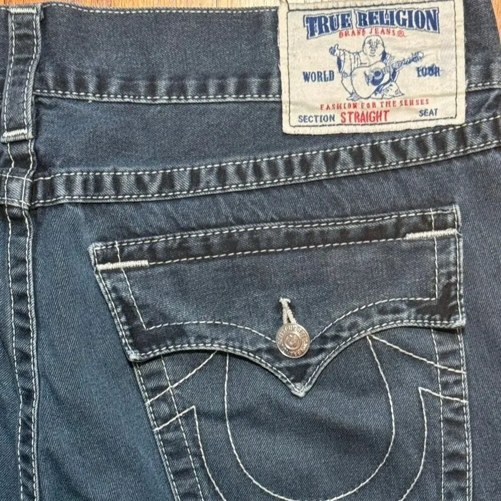 True Religion Ricky Mens Size 40 Straight Leg Jeans Blue Denim Contrast Stitch